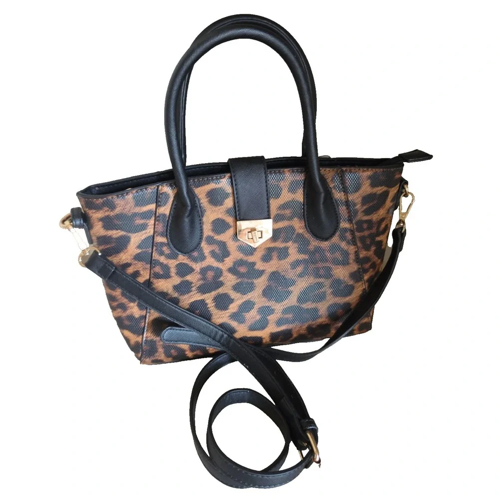 Leopard Print Satchel Bag – Black Handles & Gold Hardware - OS